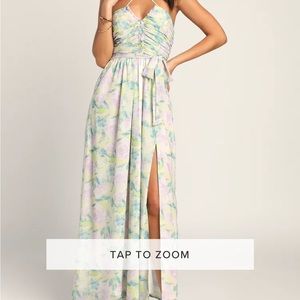 Lulu’s Effortlessly Abloom Green Multi Floral Ruched Halter Maxi Dress